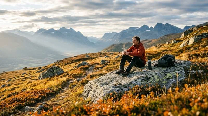 Fjällvandrare dricker snabbkaffe på en klippa med utsikt över bergen