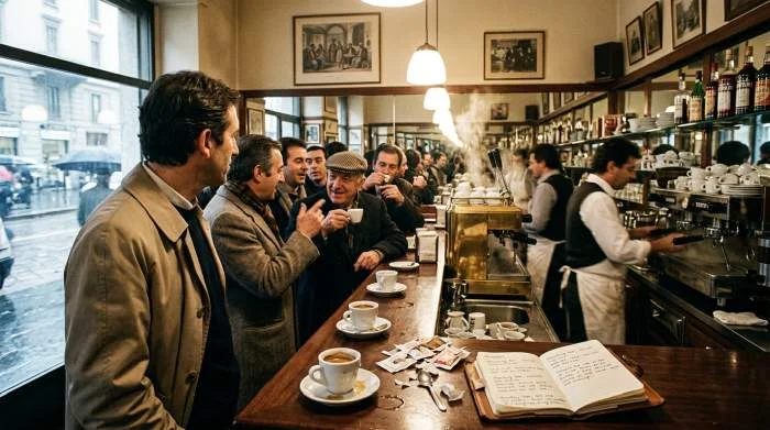 Espressokoppar på trång italiensk bardisk