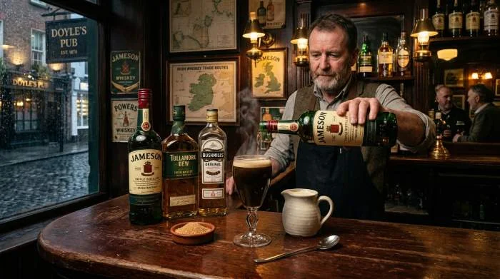 Jameson, Tullamore Dew och Bushmills whisky bredvid ångande Irish coffee