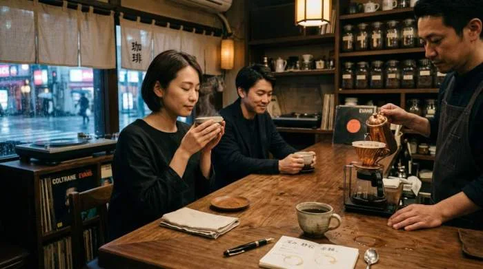 Japanska kaffegäster deltar i stillsam pour over ritual i Tokyo
