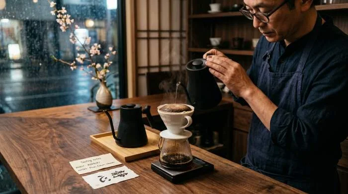 Japansk barista häller cirkulärt vatten över pour over kaffe