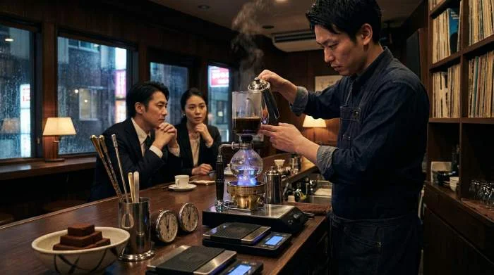 Japansk barista brygger kaffe med siphonbryggare i kissaten