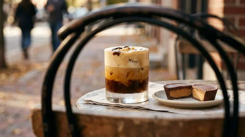 Iced espressolatte med jordnötssmörsskum och chokladgodis