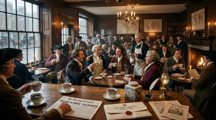 Brittiska gäster väljer kaffe i ett georgianskt kaffehus efter Boston Tea Party