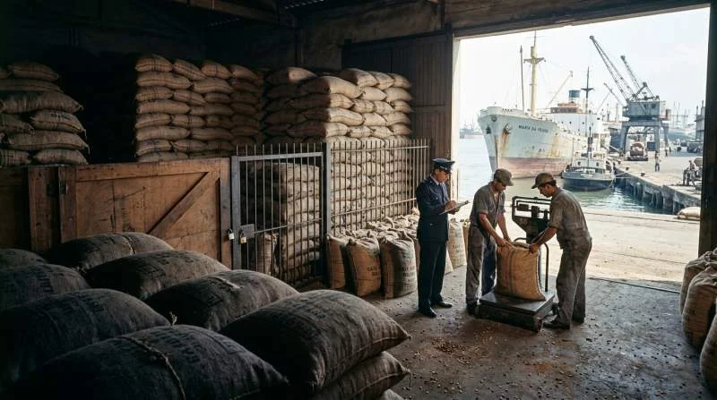 Kaffesäckar staplade i ett brasilianskt exportlager på 1960-talet, en tid då exportkvoter reglerade världsmarknaden