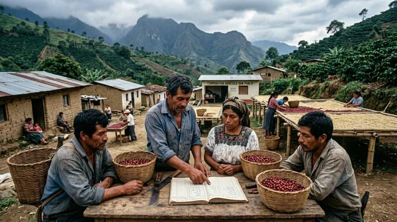 Kaffebönder granskar skörd och bokföring tillsammans
