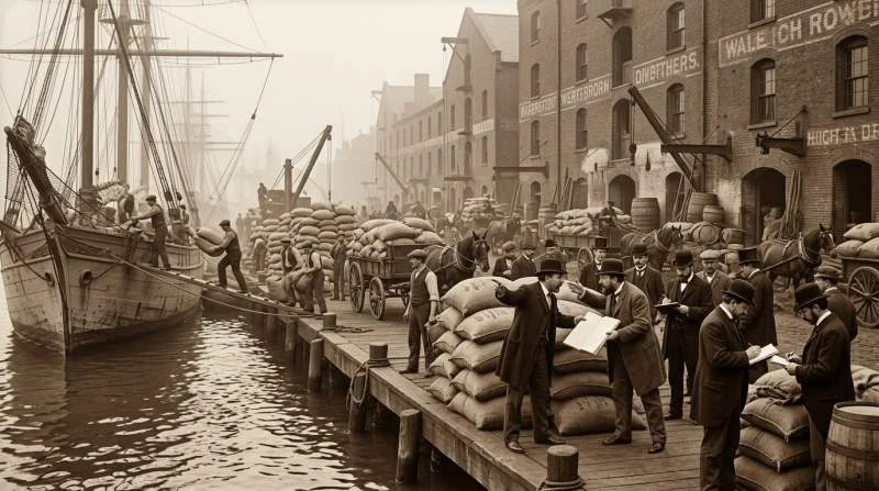 Kaffehandlare förhandlar vid New Yorks hamn under 1800-talet