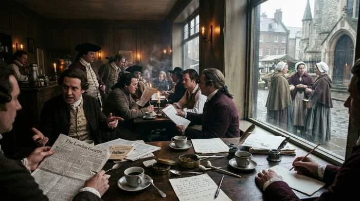 Kvinnor utanför Londons manliga kaffehus 1652 speglar tidens könsroller
