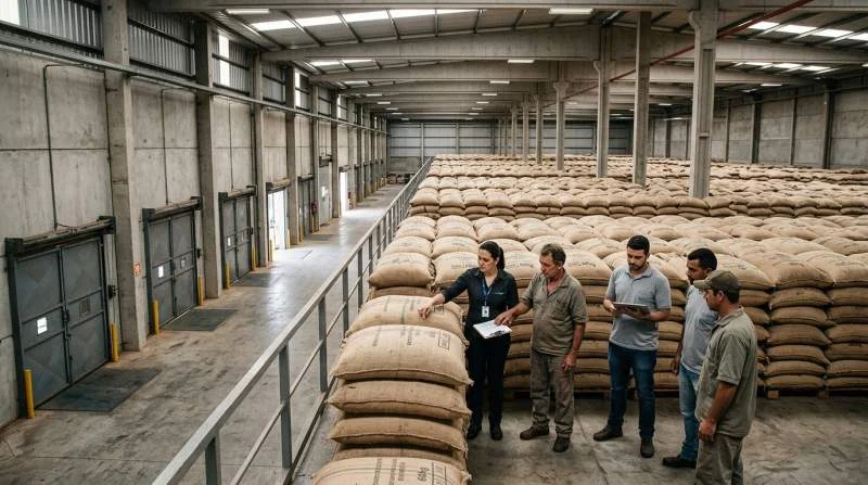 Brasilianska kaffebönder i kooperativ bland stora lager kaffesäckar