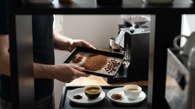 Hemmabarista granskar kaffepartiklar i olika storlekar