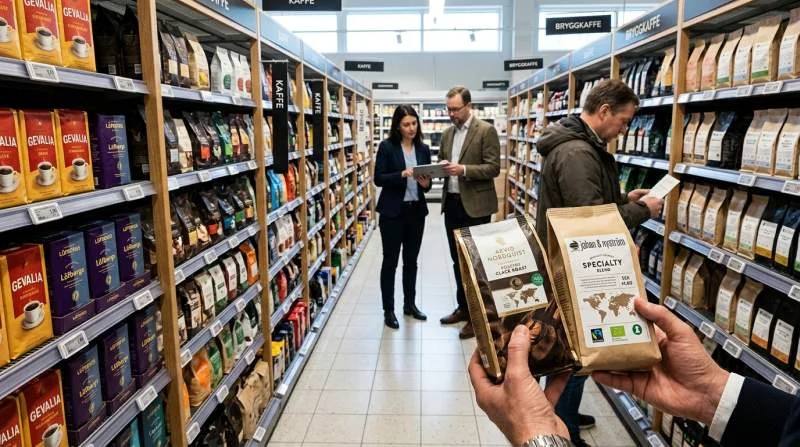 Konsument i matbutik jämför priser på kaffepaket från tre rosterier