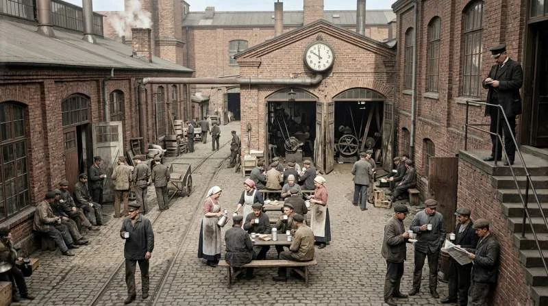 Svenska arbetare under kaffepaus i fabrik