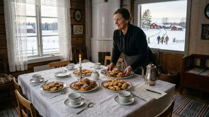 Hemgjorda kakor dukade för kafferep på landet