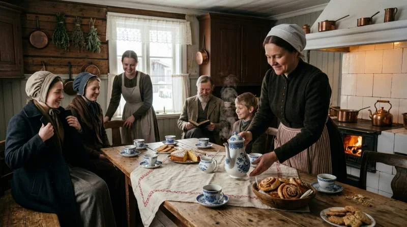 Kaffe och hembakat serveras till gäster på svensk gård