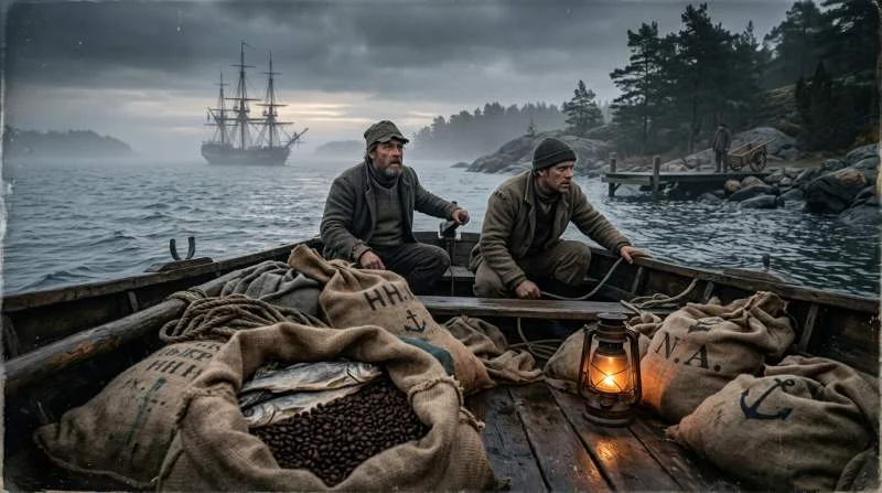 Smugglare för in kaffe till Sverige med liten båt under 1700-talets kaffeförbud