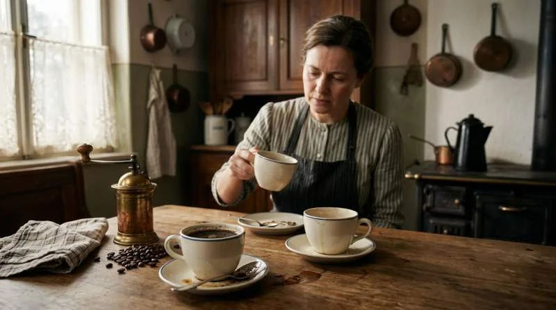 Kaffekopp med grumlig kaffesump och bittert överextraherat kaffe före pappersfiltret