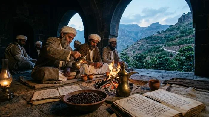 Sufimunkar dricker kaffe under meditation i Jemen