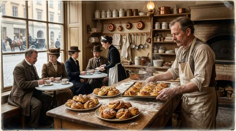 Kanelbullar och kaffe på svenskt konditori under 1800-talet