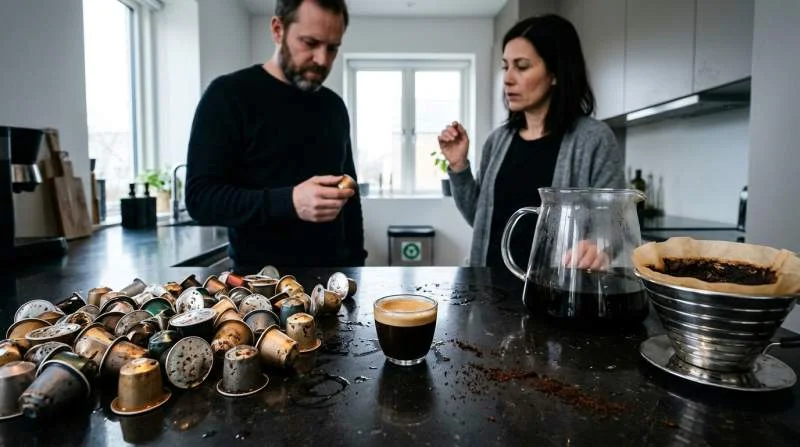 Använda kaffekapslar i aluminium och överblivet kaffesump från filterbryggning