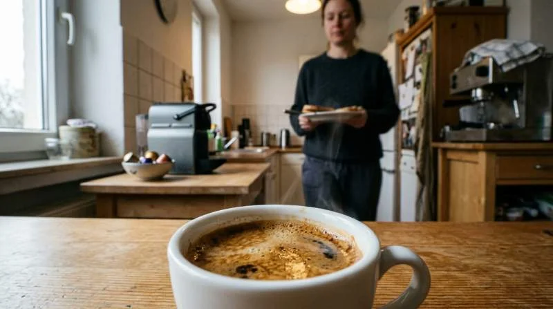 Espresso med crema framför kapselmaskin i hemmakök