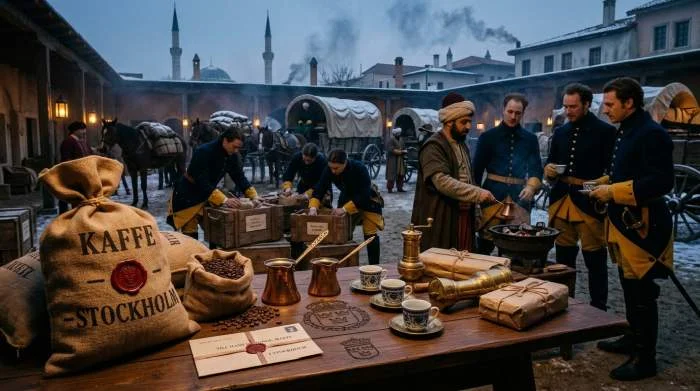 Karl XII:s följe packar kaffebönor och cezver för transport till Sverige