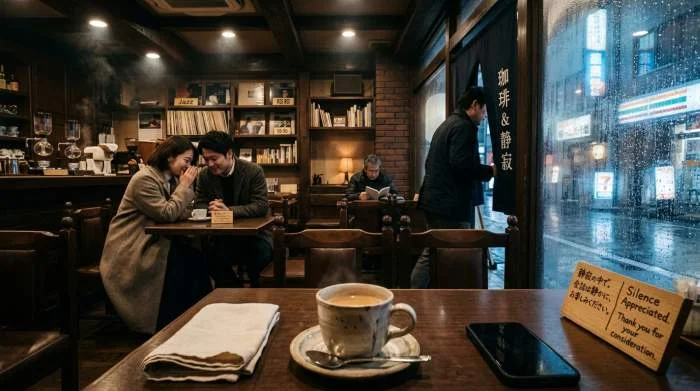 Tyst kissaten i Tokyo där gäster samtalar lågmält över kaffe