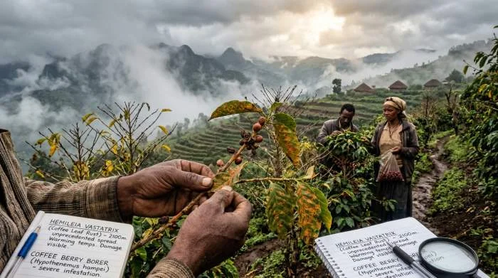 Kafferost och borbor angriper etiopiska kaffeplantor i höglandet