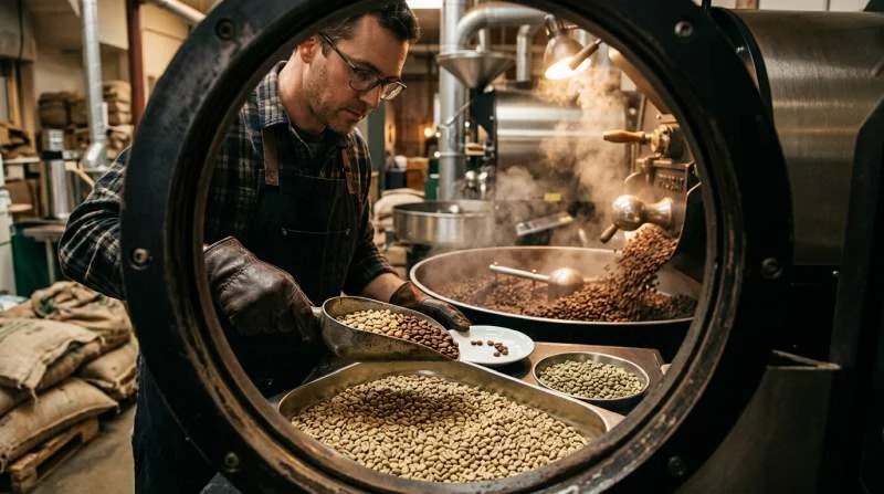 Koffeinfria gröna kaffebönor som torkas och förbereds för rostning
