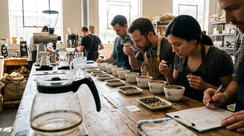 Koppar koffeinfritt specialkaffe med etiketter som visar ursprung, process och rostning