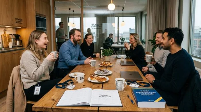 Anställda fikar på svensk arbetsplats