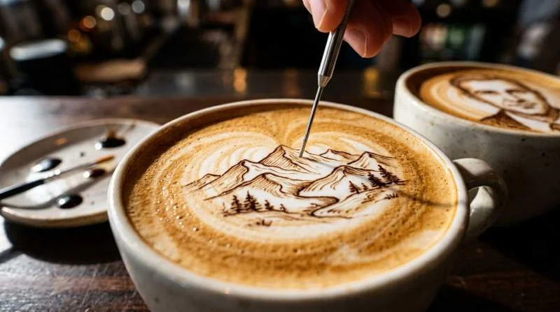 Detaljerad latte art med etsat motiv av ansikte och landskap i mjölkskummet