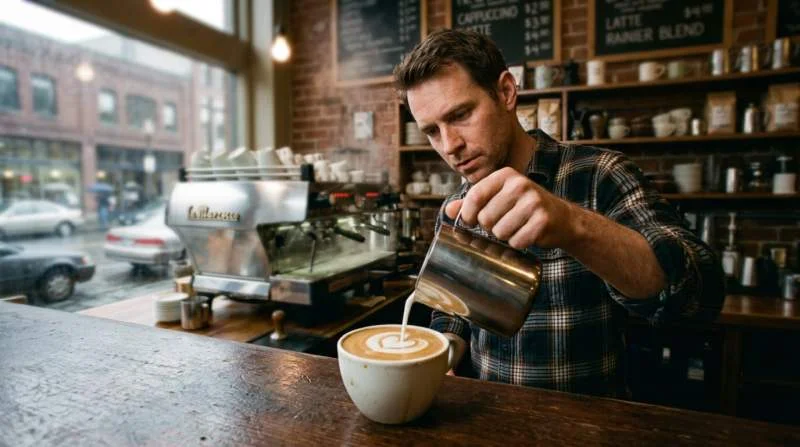 Barista skapar hjärtformat latte art i Seattle på 1990-talet