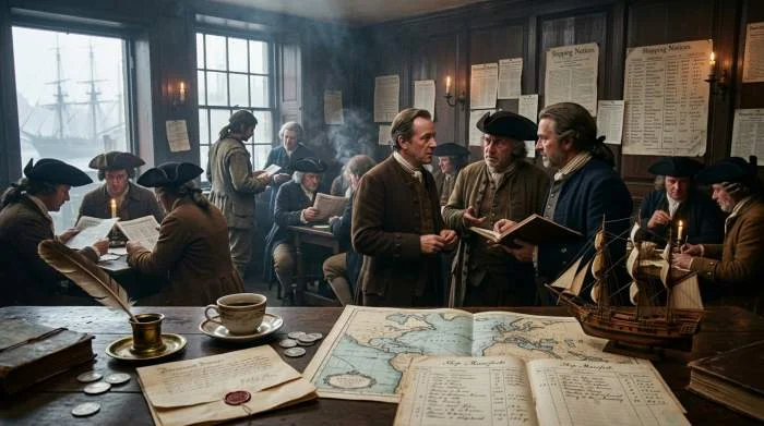Edward Lloyd diskuterar sjöförsäkring på 1600-talets Lloyds Coffee House i London