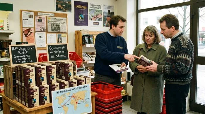 Löfbergs första Fairtrade-certifierade kaffe i svensk butik 1997