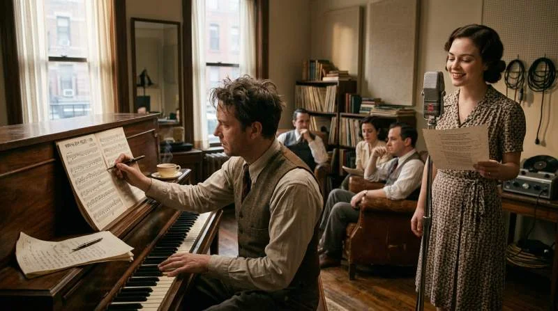 Kompositör komponerar Maxwell House kaffejingel vid piano för radio