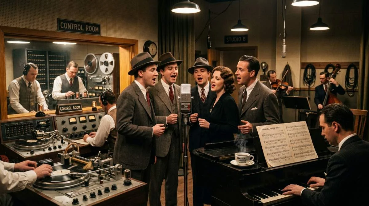 Sångare spelar in radiojingel i studio 1933