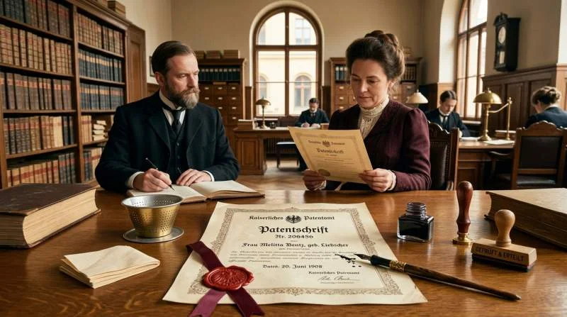 Melitta Bentz får patent på sitt papperskaffefilter år 1908