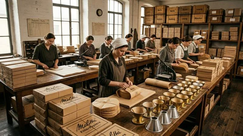 Papperskaffefilter packas för försäljning i Tyskland under 1910-talet