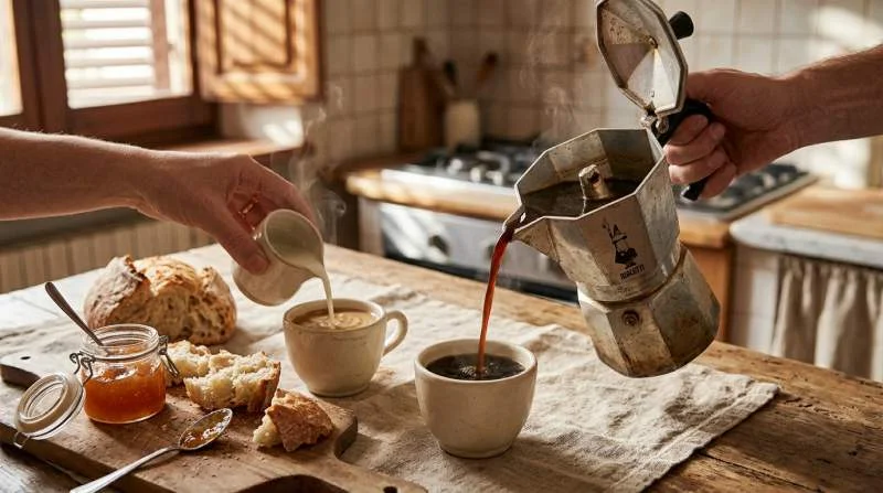 Mokakaffe i vit kopp med varm mjölk bredvid