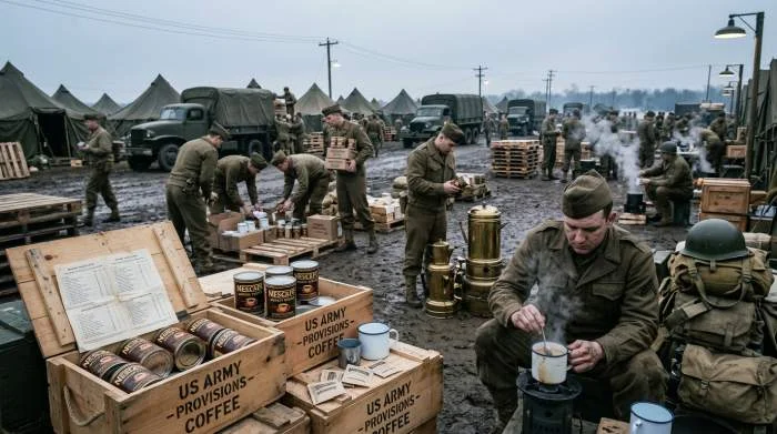 Nescaféburkar packas i militärlådor