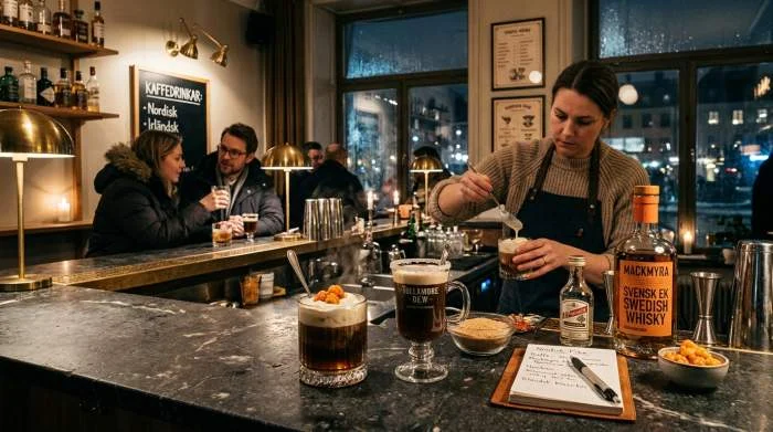 Nordisk Irish coffee med svensk whisky och aquavit serverad