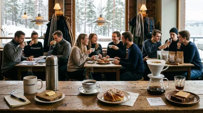 Finsk arbetskaffe svensk fika och norsk pour over vid nordiskt bord