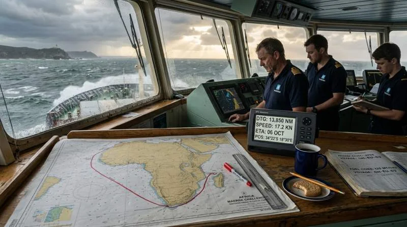 Navigationschef vid Godahoppsudden med sjökort och radar över omledd kafferutt. Extra bränsle och tid till havs ökar fraktkostnaderna.