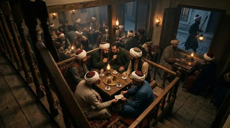 Män samtalar diskret i ett osmanskt kaffehus, en plats som Murad IV förbjöd 1633