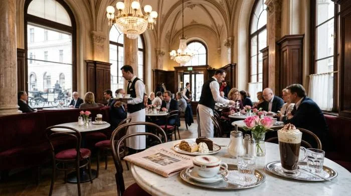 Traditionellt wienskt kaffehus med Einspänner, Wiener Melange och viennakaffe serverade på fat