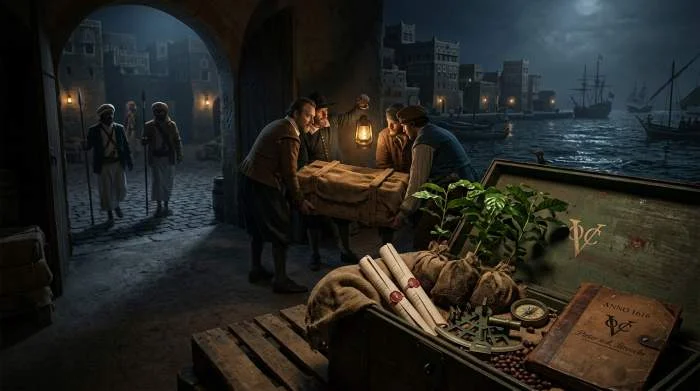 Pieter van den Broecke smugglar kaffeplantor från Jemen 1616
