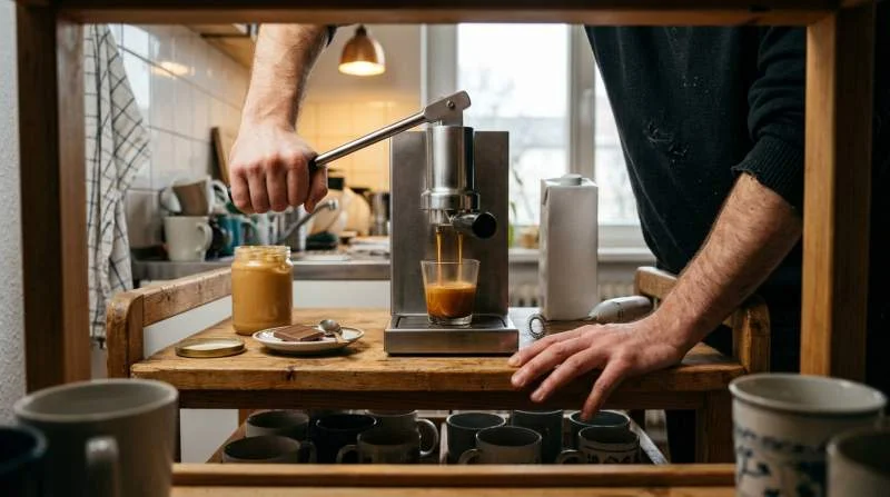 Espresso bryggs i ett enkelt hemmakök inför en jordnötssmörslatte