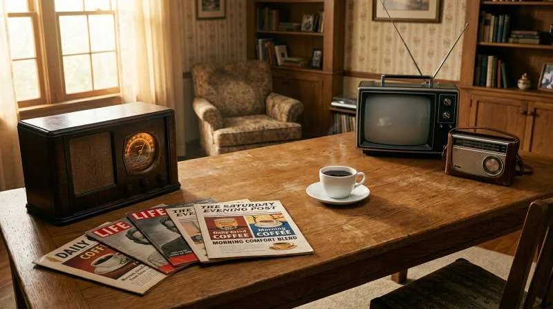 Historiska tidningar och radioannonser samlade runt en kaffekopp på ett bord