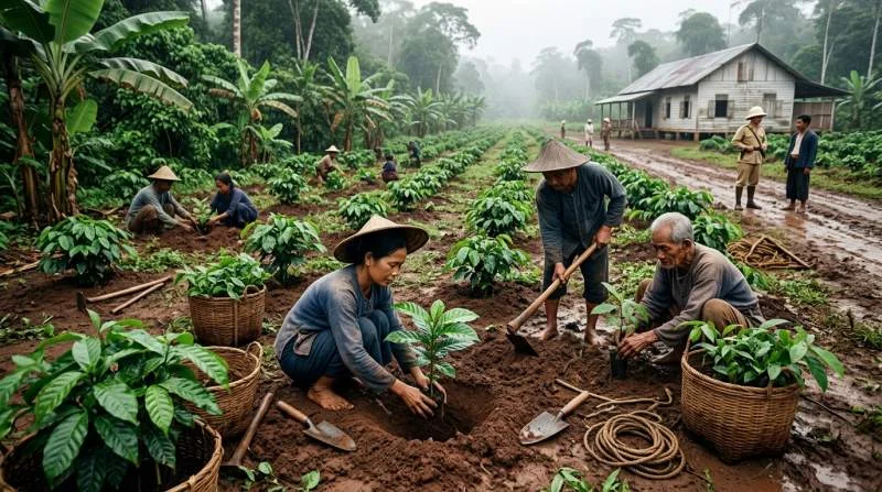 Familjer planterar robusta i fuktigt lågland