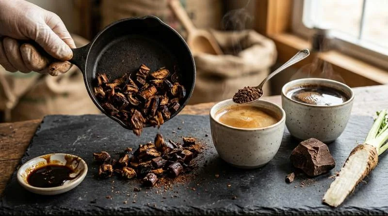 Rostad cikoriarot och mörkt cikoriakaffe